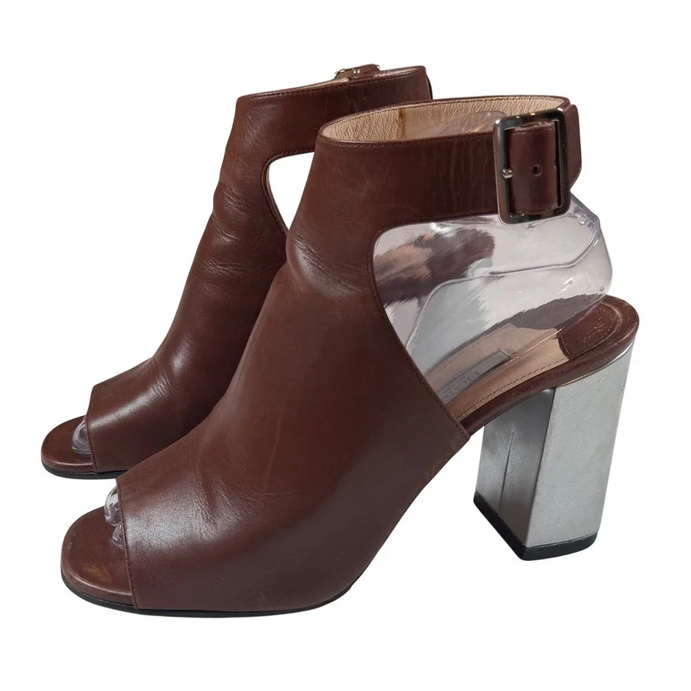 Prada Brown Leather Peep Toe Cutout Ankle Boots Silver Mirrored Block Heel Sz 38